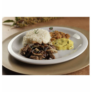Iscas de carne acebolada, arroz branco, feijão carioca e purê de batata doce 350g / 567 kcal